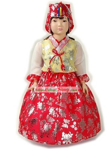 Traditional Korean Hanbok Clothing and Hat Complete Set for Girls