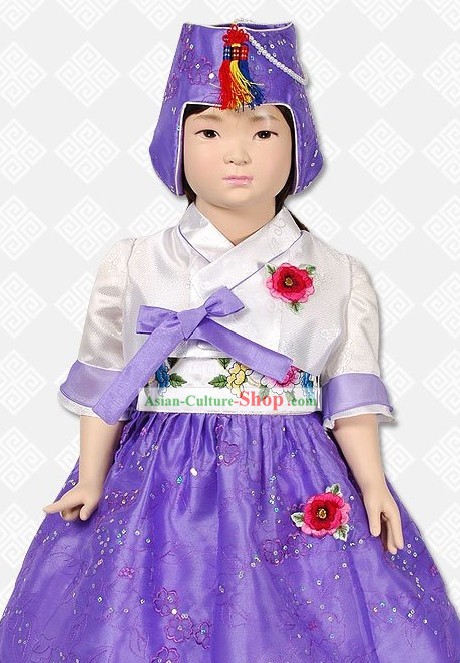 Traditional Korean Hanbok Clothing and Hat Complete Set for Girls