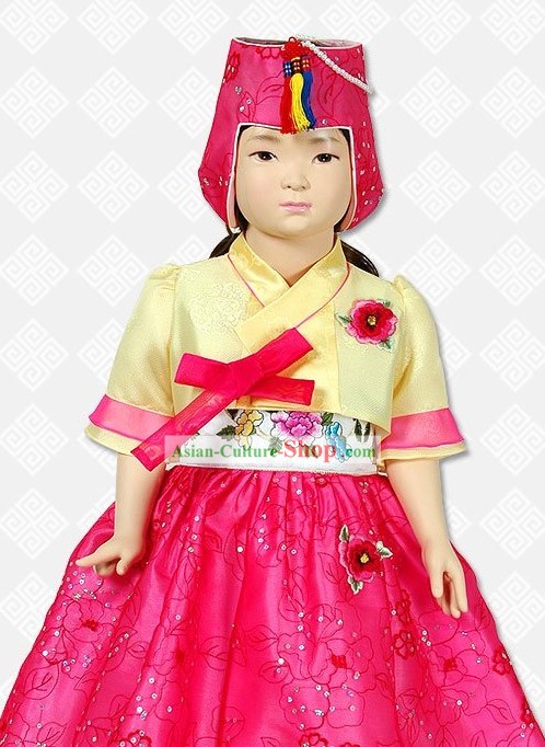 Traditional Korean Hanbok Clothing and Hat Complete Set for Girls