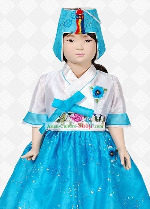 Traditional Korean Hanbok Clothing and Hat Complete Set for Girls