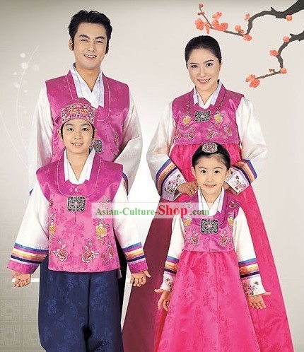 Traditional Korean Family Father Mother Son Daughter Wedding Hanboks 4 Sets