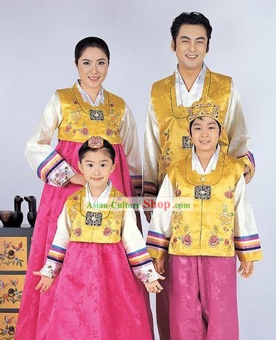 Traditional Korean Family Father Mother Son Daughter Wedding Hanboks 4 Sets