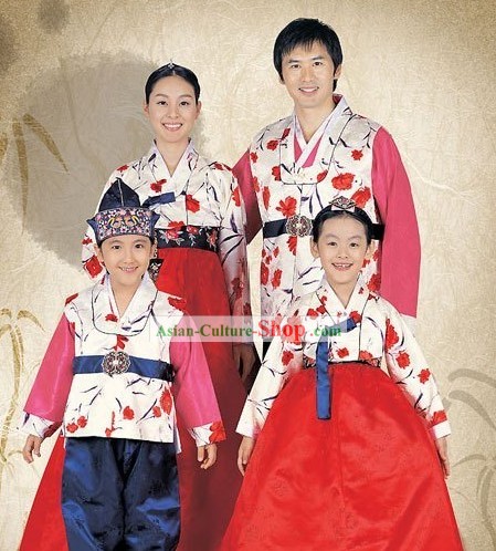 Traditional Korean Family Father Mother Son Daughter Wedding Hanboks 4 Sets