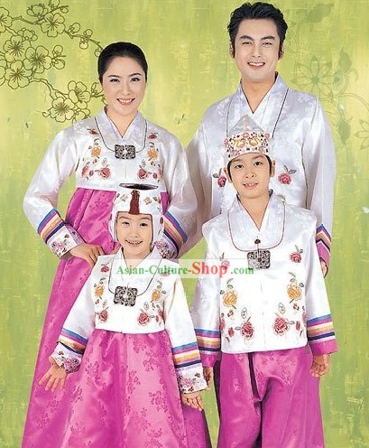 Traditional Korean Family Father Mother Son Daughter Wedding Hanboks 4 Sets