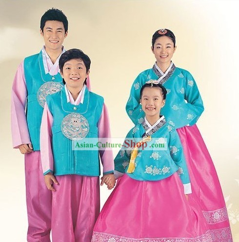 Traditional Korean Family Father Mother Son Daughter Wedding Hanboks 4 Sets