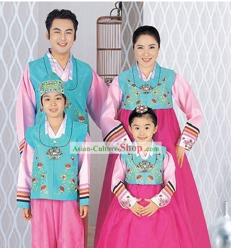 Traditional Korean Family Father Mother Son Daughter Wedding Hanboks 4 Sets