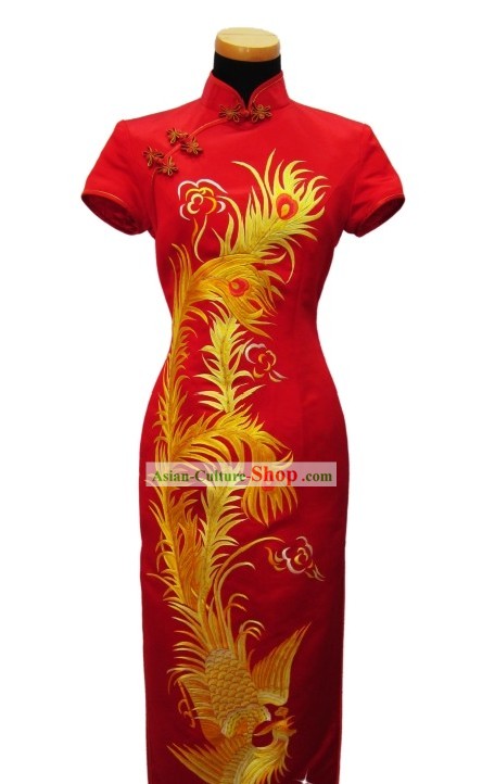 Chinese Classic Embroidered Golden Phoenix Wedding Qipao