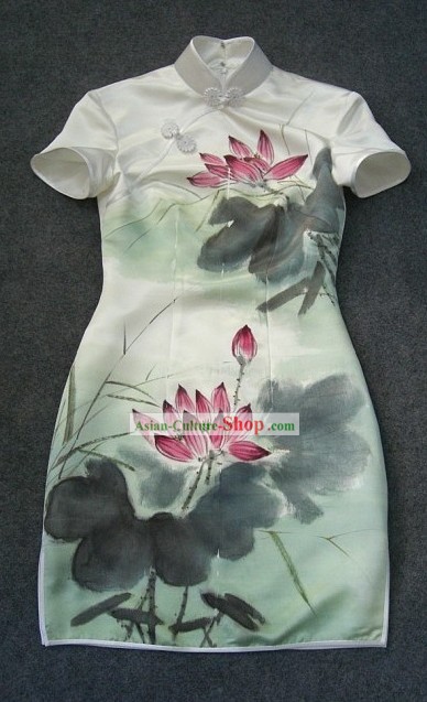 Chinese Hand Painted Silk Lotus Short Qipao