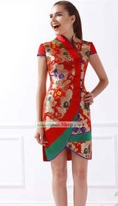 Ancient Chinese Silk Golden Flower Short Cheongsam