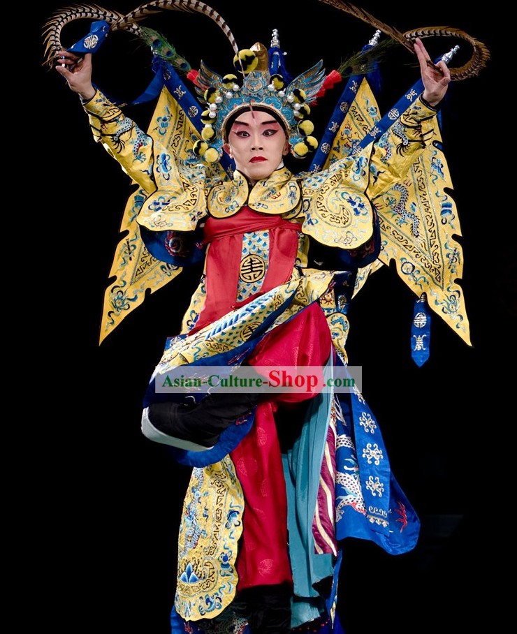 Beijing Opera Wu Sheng Fighting or Military Character Costumes and Hat with Long Feather