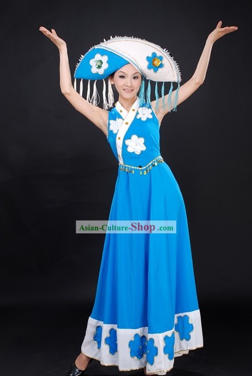 Chinese Folk Dance Costumes and Hat for Women