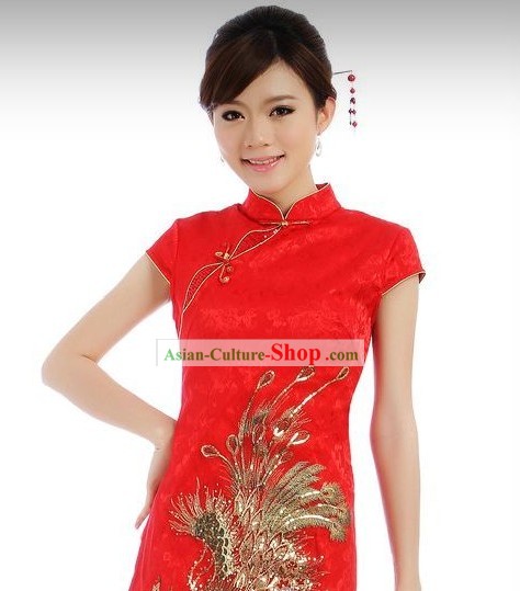 Chinese Red Phoenix Short Cheongsam