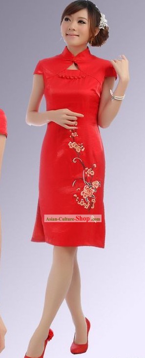 Chinese Red Plum Blossom Short Cheongsam