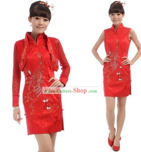 Chinese Classical Red Golden Flower Cheongsam Set