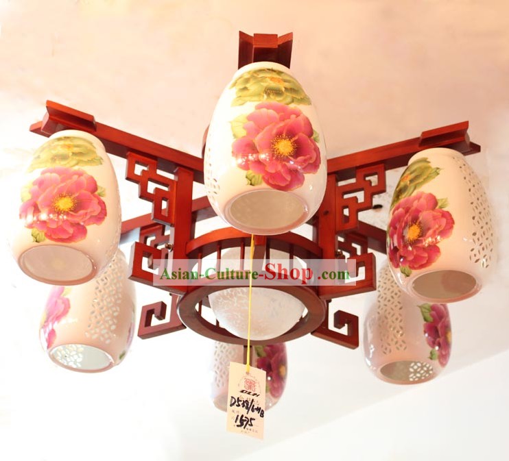 Traditional Chinese Wooden Ceramics Lanterns Set