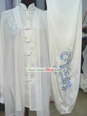 Traditional Chinese Silk Embroidered Flower Tai Chi Competition Clothing Set