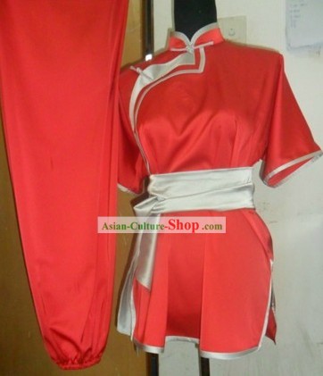 Traditional Chinese Red Silk Wu Shu Uniform