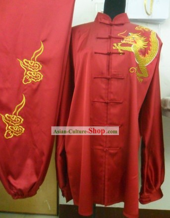 Traditional Chinese Red Dragon Silk Wushu Clothing for Men