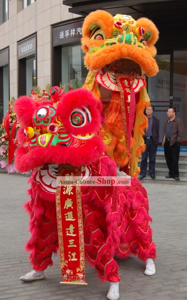 Business Opening Ceremony Orange and Red Lion Dance Costumes 2 Complete Sets