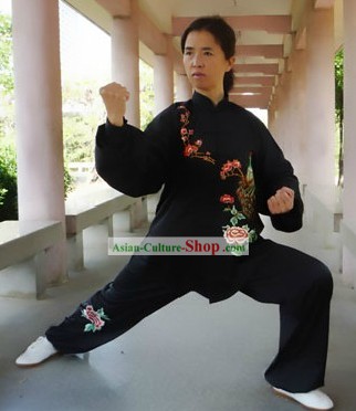 Traditional Chinese Silk Peacock Embroidered Tai Chi Suit