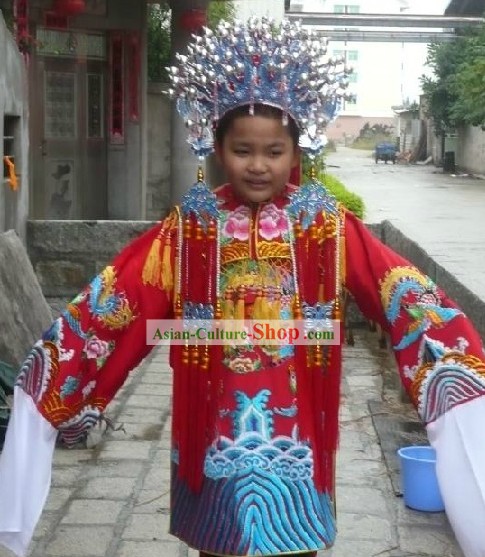 Chinese Peking Opera Embroidered Phoenix Robe and Coronet for Kids