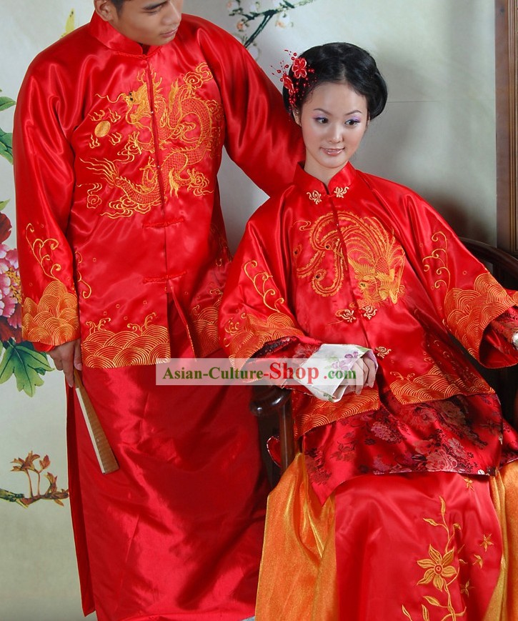 Traditional Chinese Red Dragon and Phoenix Wedding Dresses 2 Sets for Brides and Bridegrooms