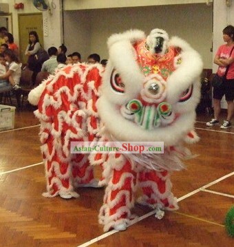 Red Base White Wool Top Lion Dance Head and Costume Complete Set