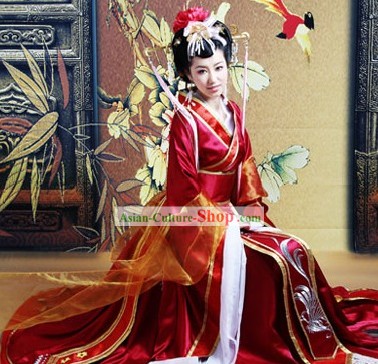 Ancient Chinese Princess Red Wedding Garment and Headgear Complete Set