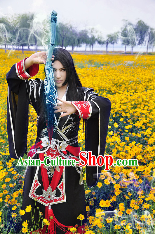 Black Ancient Chinese Swordsman Knight Costume Complete Set for Men