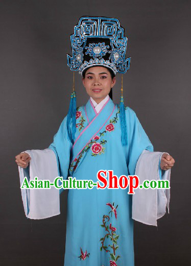 Ancient Chinese Opera Style Xiao Sheng Young Men Blue Costumes and Hat for Men