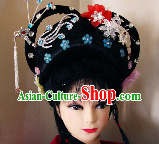 Traditional Chinese Dramatic Huangmei Opera Long Black Braids and Hair Accessories