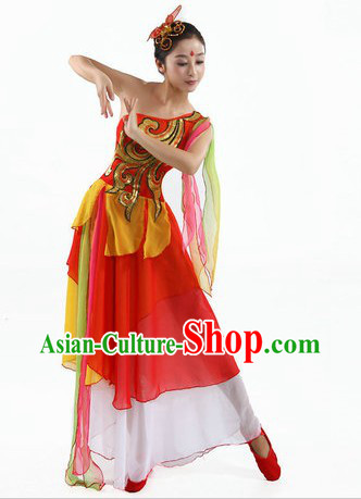 Chinese Classical Fan Dancing Costumes and Headpiece for Women