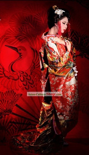 Traditional Embroidered Cranes Japanese Wedding Kimono and Headpiece for Brides