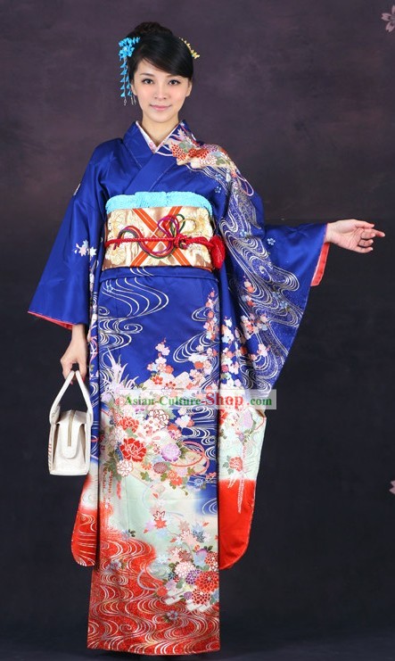 Traditional Japanese Blue Furisode Kimono for Women