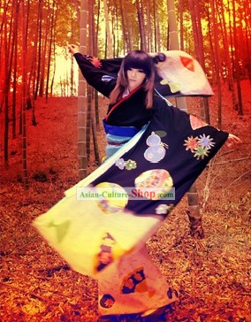 Ancient Japanese Black Kimono Costumes Complete Set