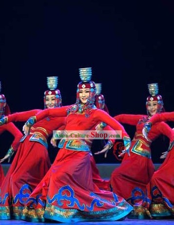 Traditional Mongolian Bowl Dance Costume and Hat for Women