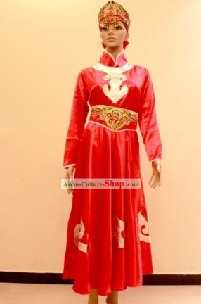 Traditional Mongolian Red Dance Costumes and Hat