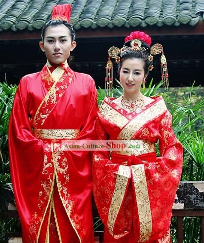 Chinese Classical Wedding Dresses and Headpieces Two Sets for Men and Women