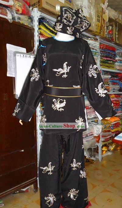 Black Beijing Opera Embroidered Costume and Hat for Men