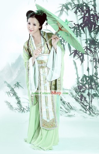 Ancient Chinese Green Lady Costume and Umbrella Complete Set