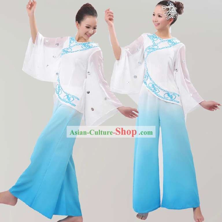 Chinese White and Blue Fan Dance Costumes for Women