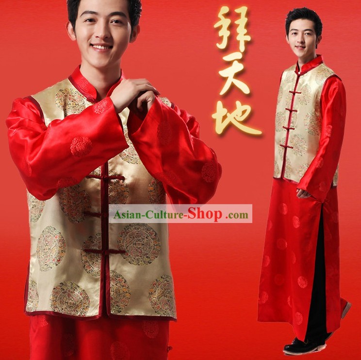 Chinese Classic Red Wedding Ceremonial Dress Complete Set for Bridegrooms