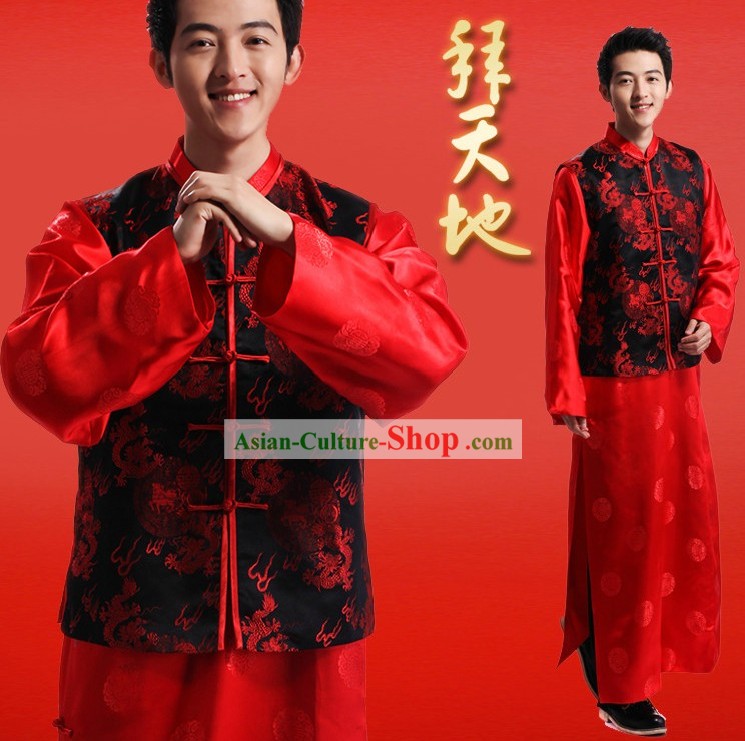 Traditional Red and Black Wedding Dragon Suit for Man