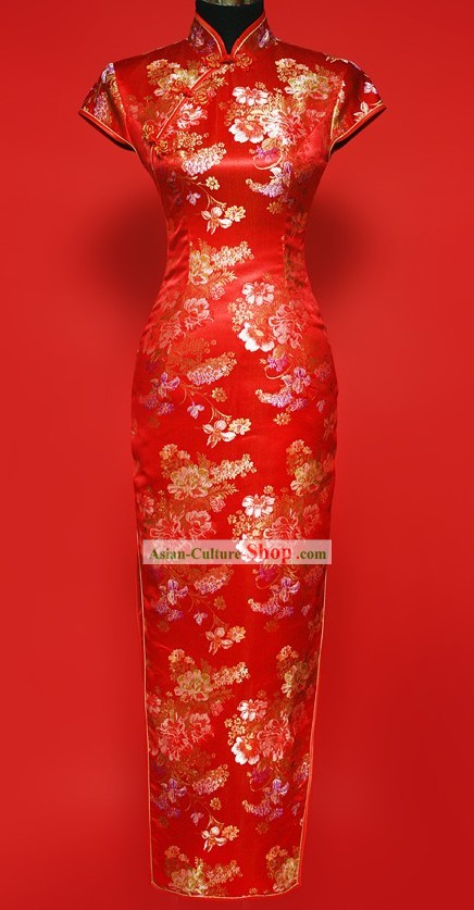 Chinese Classic Red Wedding Long Cheongsam for Women