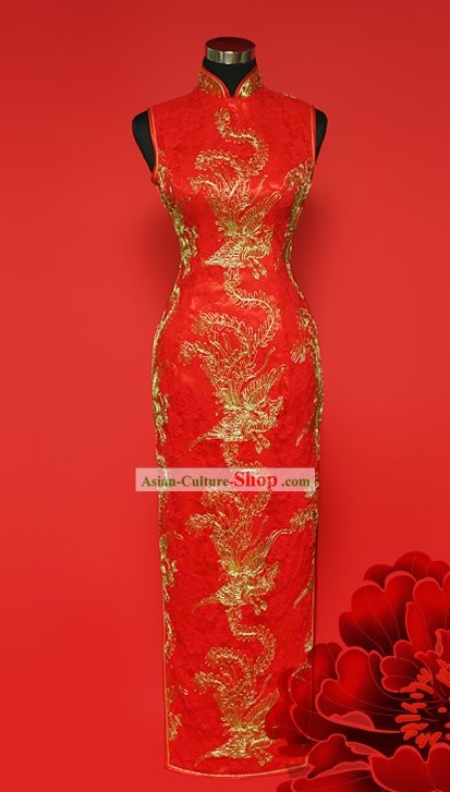 Chinese Stunning Red Gold Phoenix Wedding Cheongsam