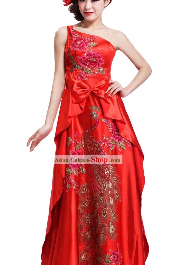 Chinese Classic One Shoulder Peacock Cheongsam for Ladies