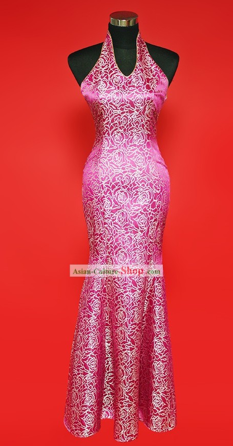 Chinese Classic Happy Flower Wedding Cheongsam Evening Dress for Brides