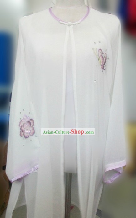 White Embroidered Butterfly Silk Kung Fu Blouse and Cape