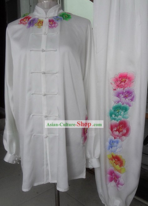 White Embroidered Rainbow Flower Kung Fu Competition Dress Complete Set