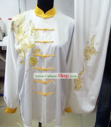 Comfortable White Phoenix Kung Fu Silk Uniform for Competition for Men